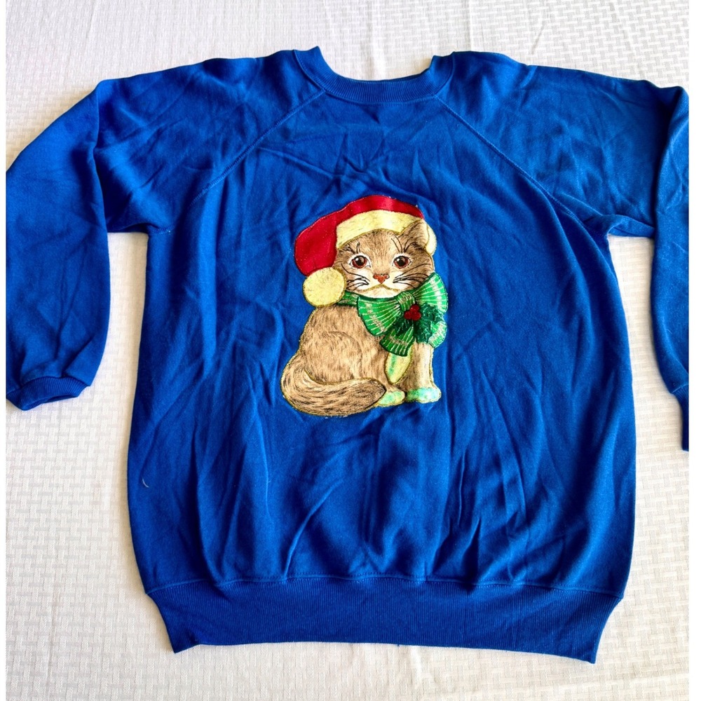 VTG Hanes Christmas Cat Graphic Sweatshirt Royal Blue XL Made in USA 90s Retro